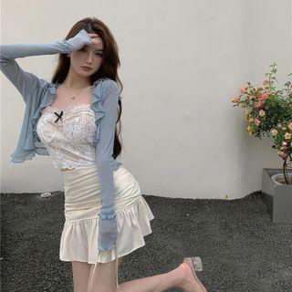Lace Camisole Top / Ruffle Hem Mini A-line Skirt / Cardigan