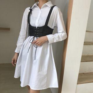 Set: Long-sleeve A-line Shirt Dress + Camisole Top