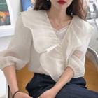 Elbow-sleeve V-neck Ruffle Blouse As Shown In Figure - One Size
