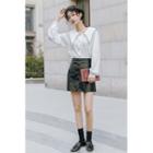 Long-sleeve Embroidered Blouse / Faux Leather Mini A-line Skirt