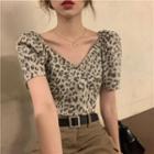 Short-sleeve Leopard Print Cropped Blouse Beige - One Size
