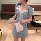 Short-sleeve Bow Gingham Mini Dress