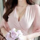 Elbow-sleeve Ruffle-sleeve Wrap-front A-line Dress