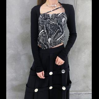 Long-sleeve Print Top Black - One Size