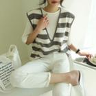 Plunge-neck Stripe Knit Vest Stripe - Gray - One Size