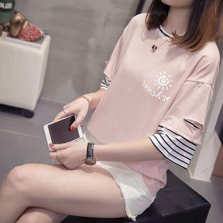 Elbow-sleeve Sun Print Mock Two-piece T-shirt