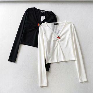 Cherry Applique Shirred Knit Top