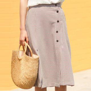 Plaid Straight-fit Skirt Khaki - One Size