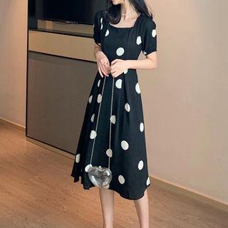 Drawstring Square Polka Dot Dress