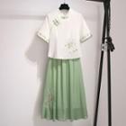 Set: Short-sleeve Floral Embroidered Cheongsam Top + A-line Skirt