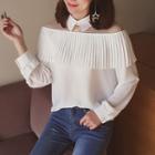 Mesh Panel Pleated Trim Collared Long Sleeve Top