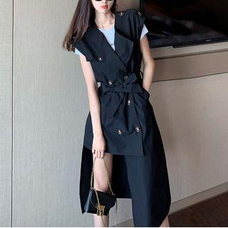 Asymmetric Double-breasted Sleeveless A-line Dress Black - One Size