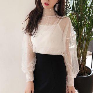 Long-sleeve Beaded Sheer Top