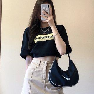 Short-sleeve Lettering T-shirt / A-line Denim Skirt / Set