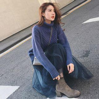 Cable-knit Sweater / Midi Mesh Skirt / Set