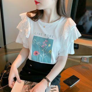 Short-sleeve Lace Trim Flower Print T-shirt