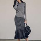 Set: Plain Sweater + Pleated Midi Mermaid Knit Skirt Gray - One Size