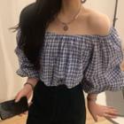 Elbow-sleeve Off-shoulder Plaid Top Gingham - Blue - One Size