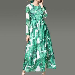 Print Long-sleeve A-line Maxi Dress With Sash