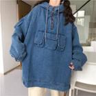 Hooded Denim Long-sleeve Top As Shown In Figure - One Size