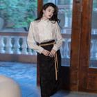 Puff-sleeve Shirred Blouse / Floral Jacquard Midi A-line Skirt / Set