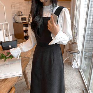 Ruffle-collar Blouse / Plain Midi A-line Overall Dress / Set