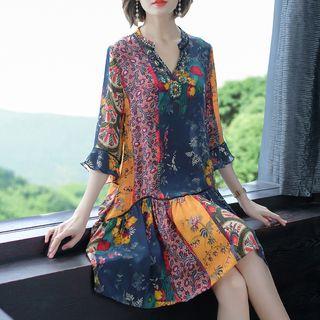 Elbow-sleeve Printed Mini Chiffon Dress