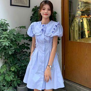 Puff-sleeve Peter Pan-collar Lace-up Mini Shirtdress