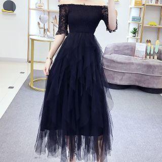 Off-shoulder Elbow-sleeve Maxi A-line Mesh Dress