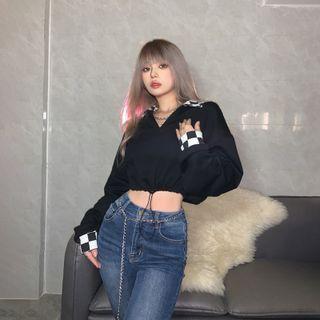 Checkerboard Cropped Collared Sweatshirt