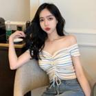 Short-sleeve Striped Drawstring Cropped Top White - One Size