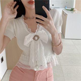 Short-sleeve Rhinestone Lace Bow Cropped Knit Top