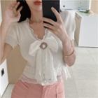 Short-sleeve Rhinestone Lace Bow Cropped Knit Top