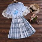 Set: Short-sleeve Rabbit Print Cropped T-shirt + Plaid Pleated Skirt