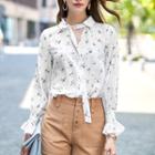 3/4-sleeve Tie-neck Floral Print Chiffon Blouse