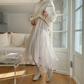 Asymmetric-hem Tulle Skirt
