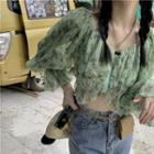 Puff-sleeve V-neck Ruched Floral Shirt Green - One Size