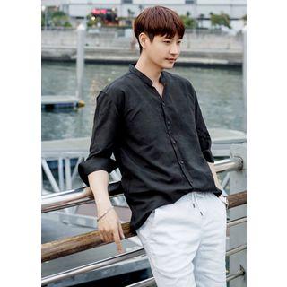Mandarin-collar Open-placket 3/4-sleeve Shirt