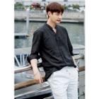 Mandarin-collar Open-placket 3/4-sleeve Shirt