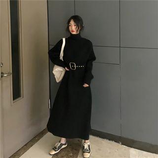 Long-sleeve Turtleneck Midi Sweater Dress Black - One Size