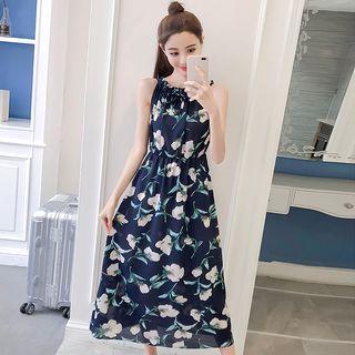 Flower Print Sleeveless Midi A-line Dress