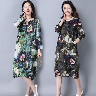 Long-sleeve Printed Lined Midi Dress