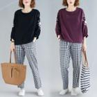 Set : Embroidered Round-neck T Shirt + Plaid Pants