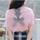 Short-sleeve Bow Accent T-shirt Mauve Pink - One Size