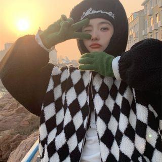Argyle Fluffy Zip Hoodie Black & White - One Size