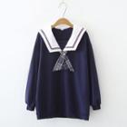 Sailor Collar Plaid Bow Sweatshirt Plaid - Navy Blue - One Size