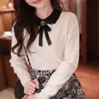Contrast-collar Knit Top With Brooch