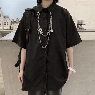 Short-sleeve Chain-detail Plain Button-up Shirt
