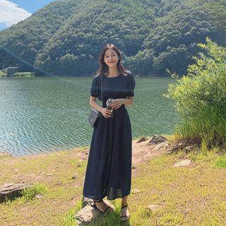 Smock-waist Long Plaid Dress Navy Blue - One Size