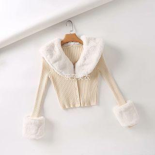 Fleece Panel Button-up Knit Top